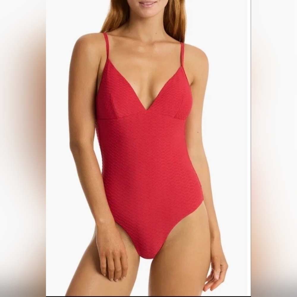 Sea Level Swin Vibrant Red Women'sOne-Piece Swimsuit with Plunging V-Neck-Size S